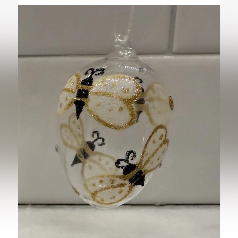 Rare Pier One Vintage Glass Glitter Bumble Bee Easter Egg Ornament NWOT